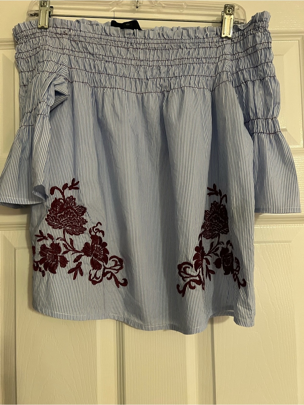Off-Shoulder Blue Pinstripe blouse with Burgundy Floral Embroidery